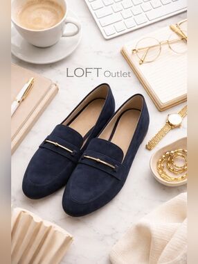 LOFT Outlet Navy Blue Suede Loafers Gold Bar Detail Slip On Flats Classic Preppy